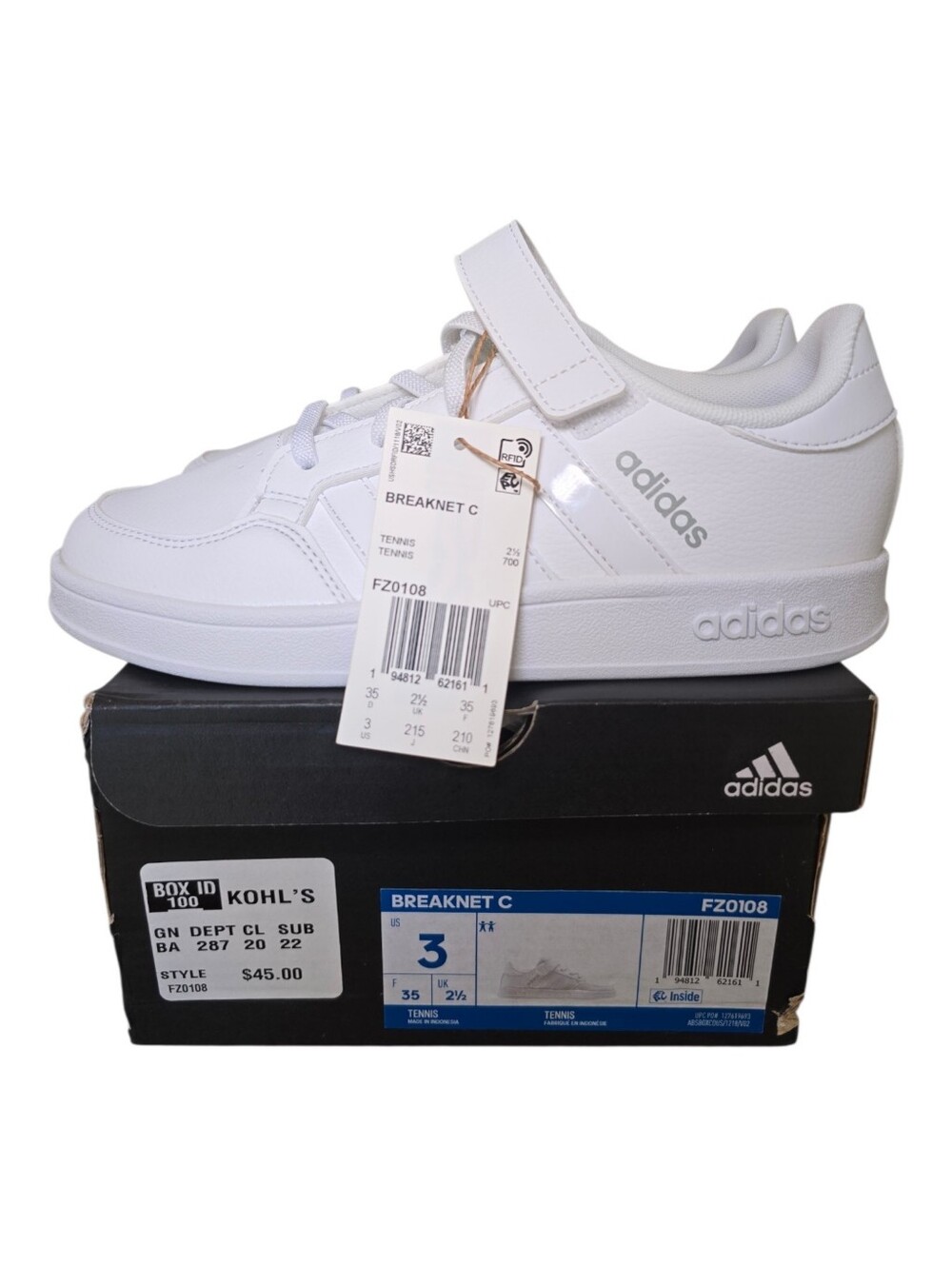 Adidas Breaknet C Kids White Sneakers Size 3 NWT NIB Back to School Uniform Shoe